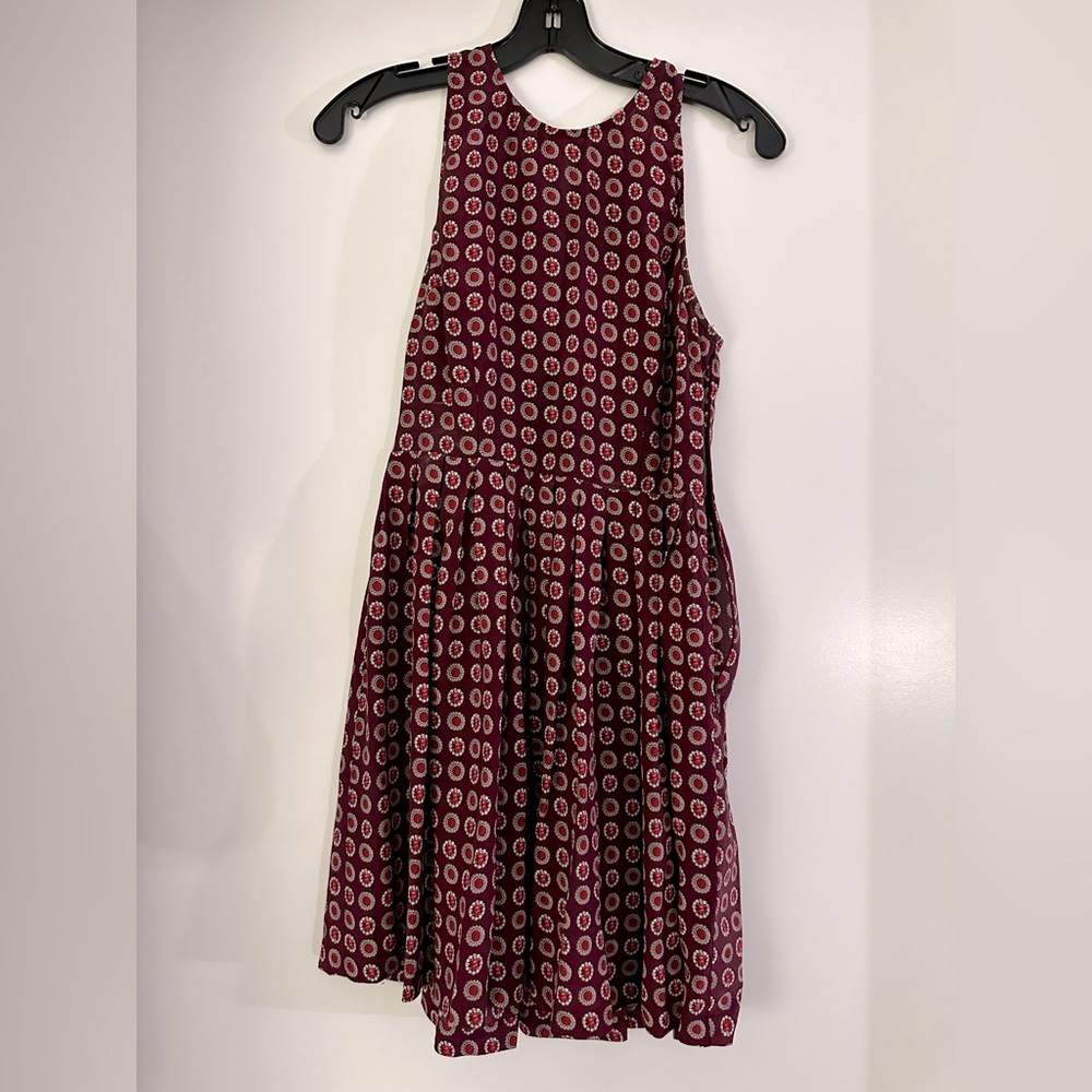 Plum silk Joie mini dress, high neck, pleated skirt